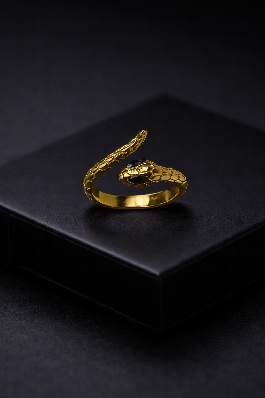 Gold Plated Snake Design Ring for Women | Adjustable Serpent Wrap Ring with Black Stone | Statement Fashion Jewellery