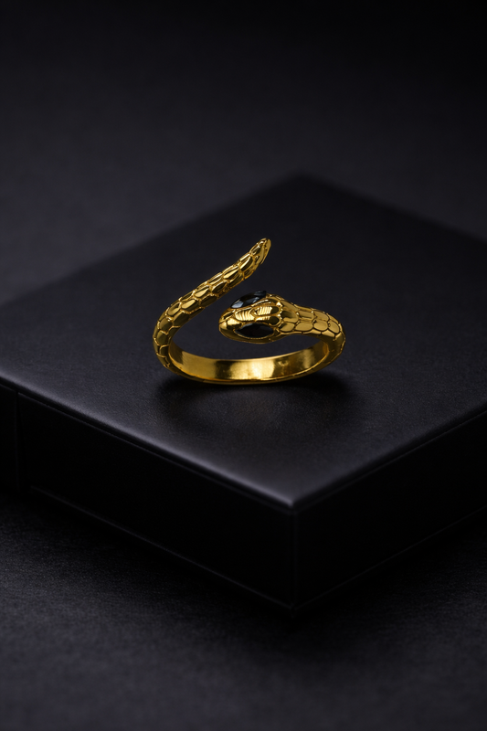 Gold Plated Snake Design Ring for Women | Adjustable Serpent Wrap Ring with Black Stone | Statement Fashion Jewellery