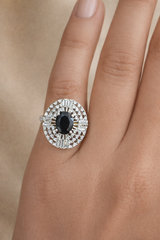 Astria Jewellery Gold Plated Black Oval Crystal Ring – Premium Party & Wedding | Engagement & Promise Ring |18K Gold Plated Stainless Steel, Customizable