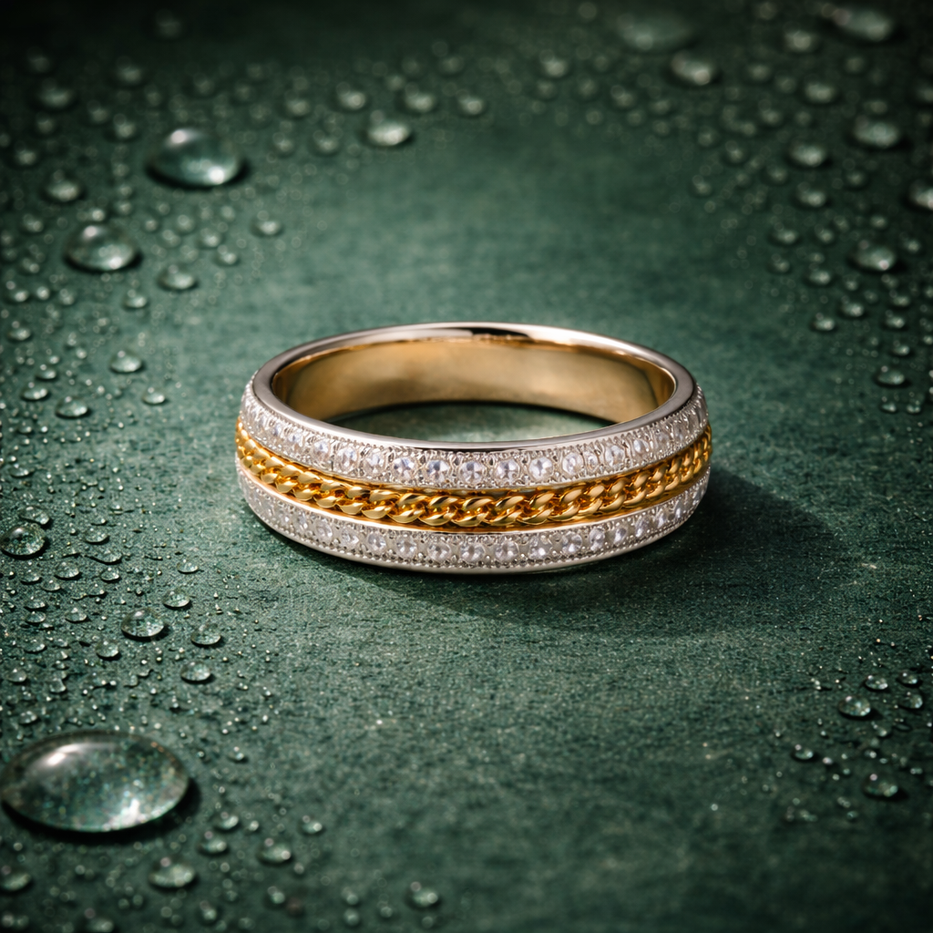 Two-Tone Crystal Band Ring for Women | Gold & Silver Plated Chain Design Ring | Elegant Minimal Wedding & Daily Wear Ring