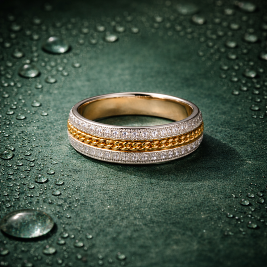 Two-Tone Crystal Band Ring for Women | Gold & Silver Plated Chain Design Ring | Elegant Minimal Wedding & Daily Wear Ring