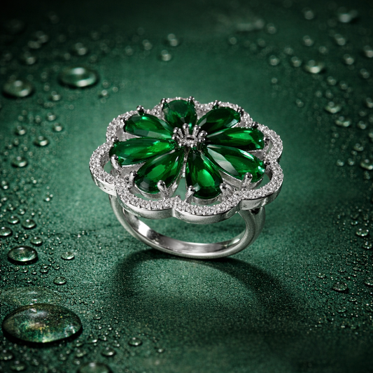 Astria Jewellery Royal Queen – Green Petal Radiance Cocktail Ring with Sparkling Green CZ Stones |Stainless Steel, Customizable