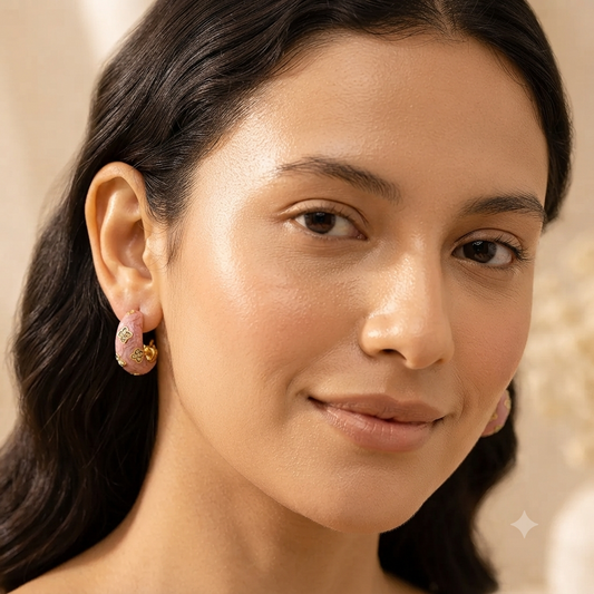 Pink Floral Enamel Half Hoop Earrings for Women | Gold Plated Designer Stud Earrings | Anti-Tarnish Luxury Earrings Astria Jewellery