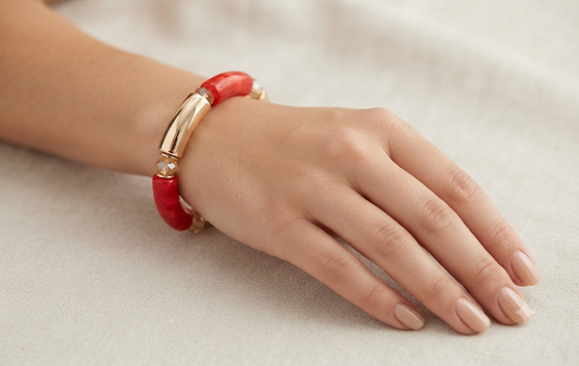 Red Resin & Gold Beaded Stretch Bracelet for Women | Elastic Statement Bracelet | Fashion Stackable Bracelet Astria Jewellery