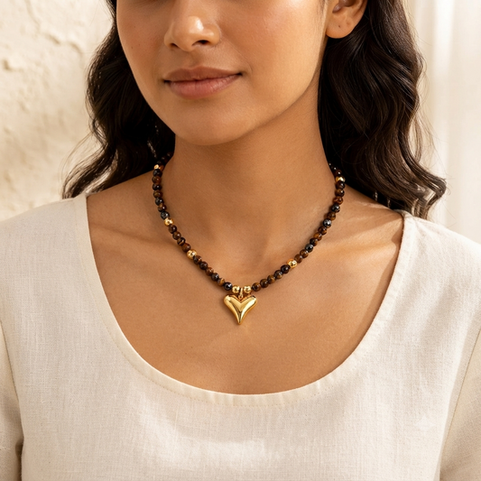 Tiger Eye Beaded Heart Pendant Necklace for Women | Natural Stone Gold Heart Necklace | Premium Bead Chain Astria Jewellery