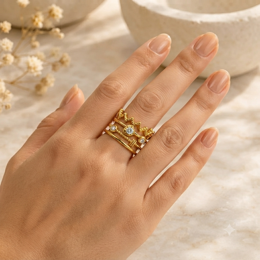 Gold Adjustable Multi-Layer Stack Ring for Women | Cubic Zirconia Open Ring | Statement Layered Finger Ring Astria Jewellery