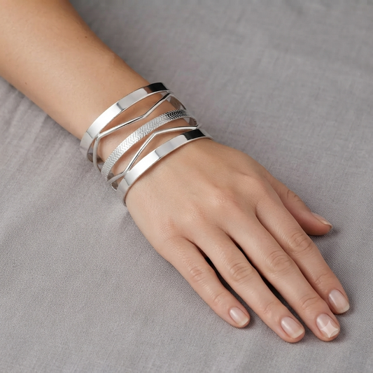 Silver Layered Open Cuff Bracelet for Women | Multi-Layer Stainless Steel Bangle | Minimalist Statement Cuff Astria Jewellery