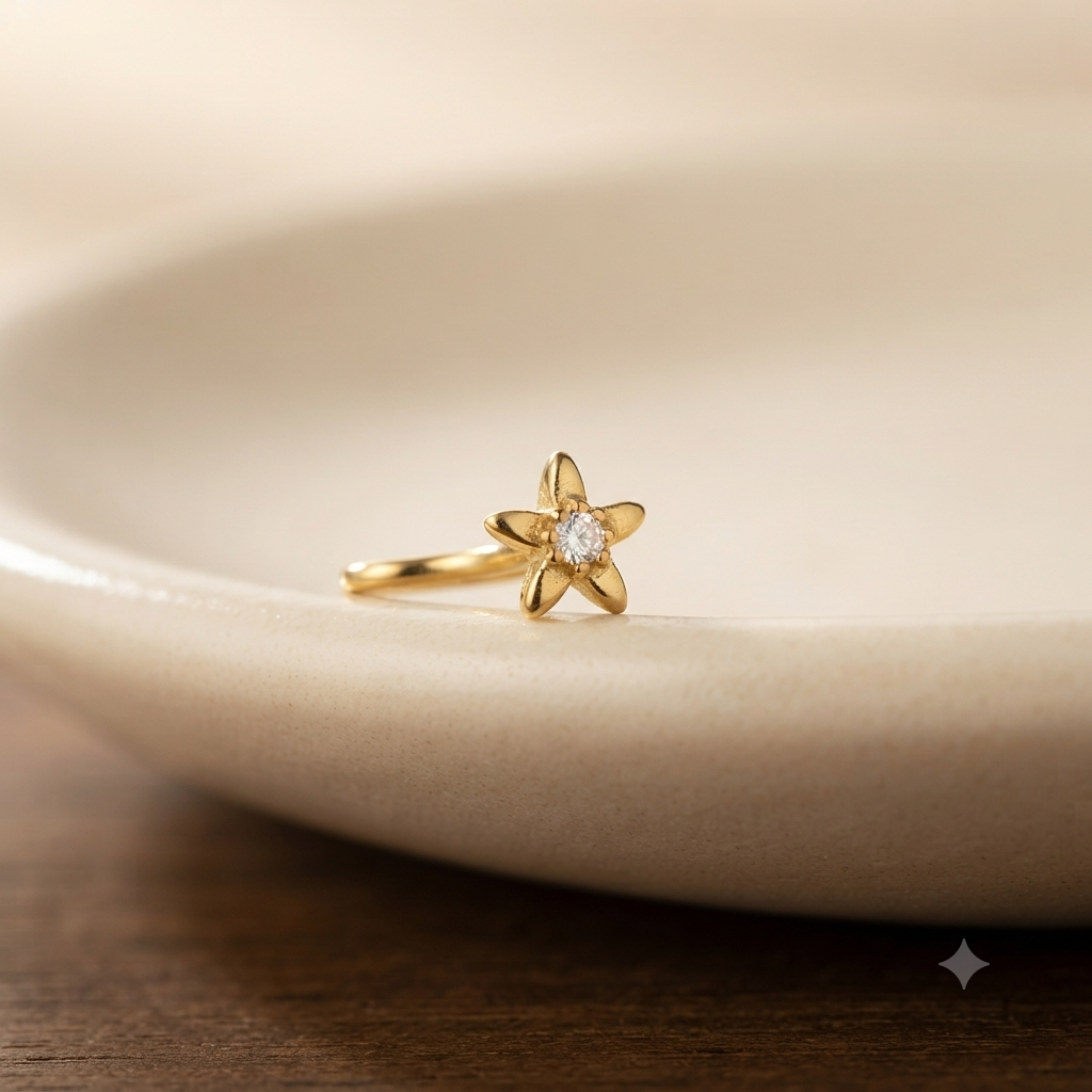 Gold Daisy Flower Huggie Hoop Nose Pin for Women | Crystal Floral Mini Hoop Earrings | Minimalist Everyday Earrings