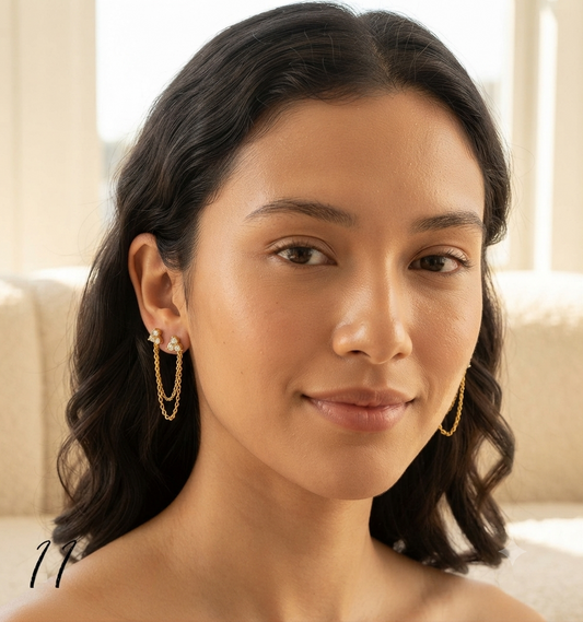 Gold Plated CZ Chain Stud Earrings for Women | Double Flower Chain Earrings | Anti-Tarnish Statement Earrings Astria Jewellery