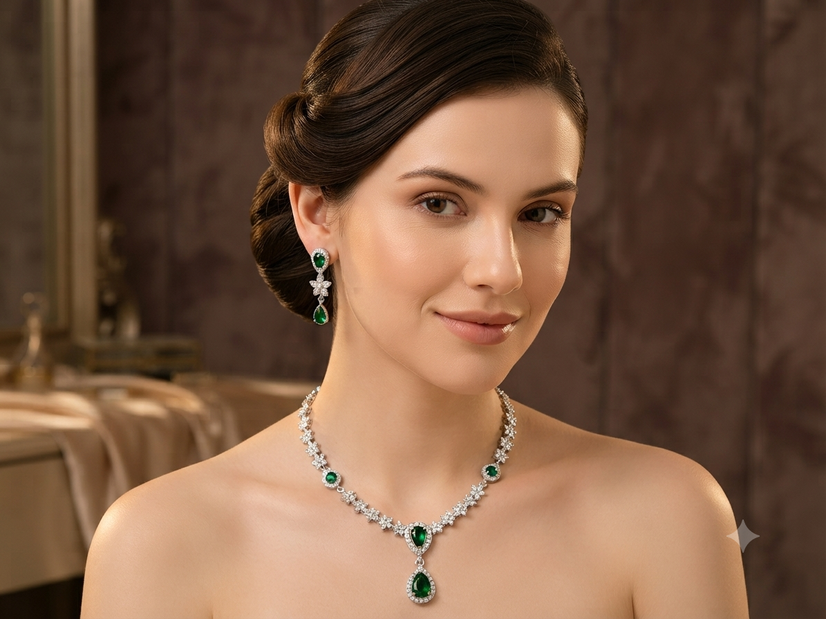 Emerald Green CZ Floral Necklace Set for Women | American Diamond Bridal Jewellery Set with Drop Earrings | Silver-Plated Party Wear Set