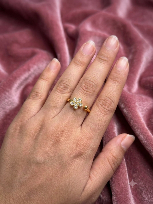 Daisy Flower Gold-Plated Cubic Zirconia Adjustable Ring for Women | Floral Open Ring Astria Jewellery