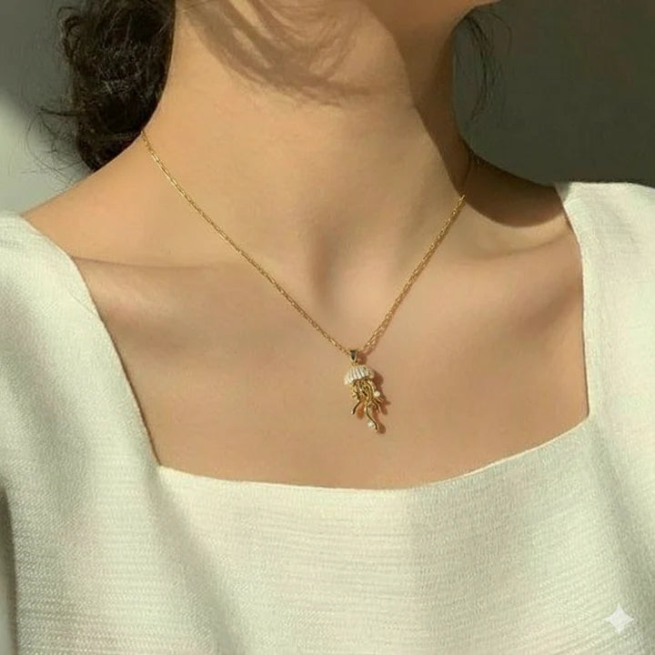 Gold Jellyfish Pendant Necklace for Women | Ocean-Inspired Pearl & Crystal Necklace | Elegant Snake Chain Necklace