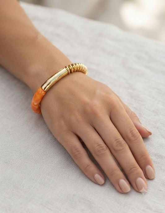 Orange Resin & Gold Stretch Bracelet for Women | Elastic Statement Bangle | Premium Fashion Bracelet Astria Jewellery