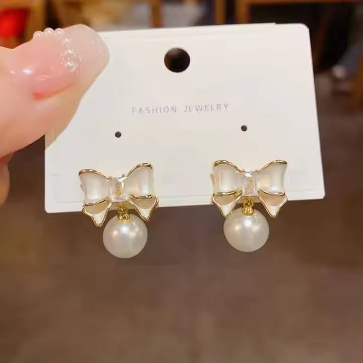 Astria Jewellery Bow Pearl Drop Earrings for Women | Gold Plated Cute Bow Stud with Pearl | Minimal Elegant Earrings for Girls & Daily Wear