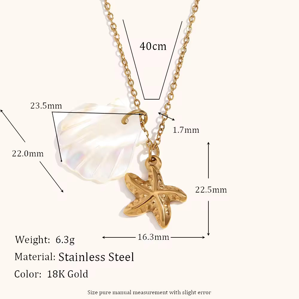 Gold necklace with starfish pendant and shell charm, showing measurements and material details.