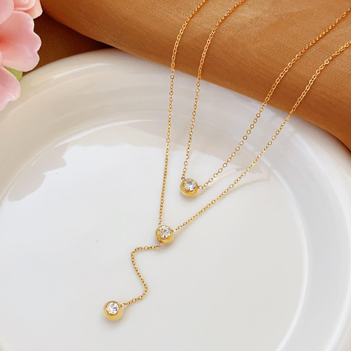 Gold Plated Layered Solitaire  Necklace
