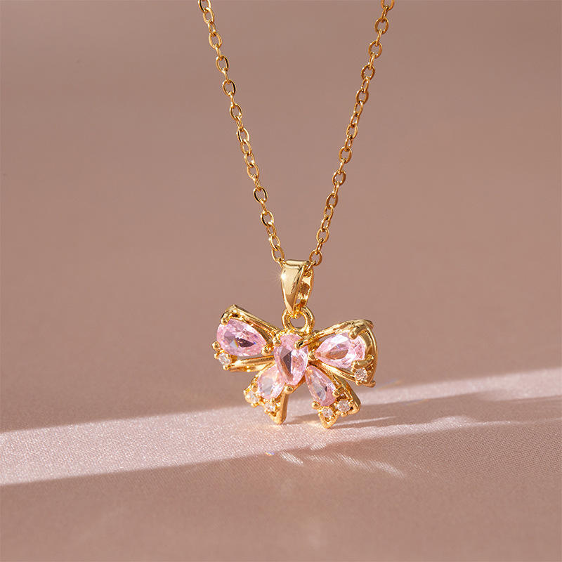 Gold-Plated Pink Bow Pendant Necklace