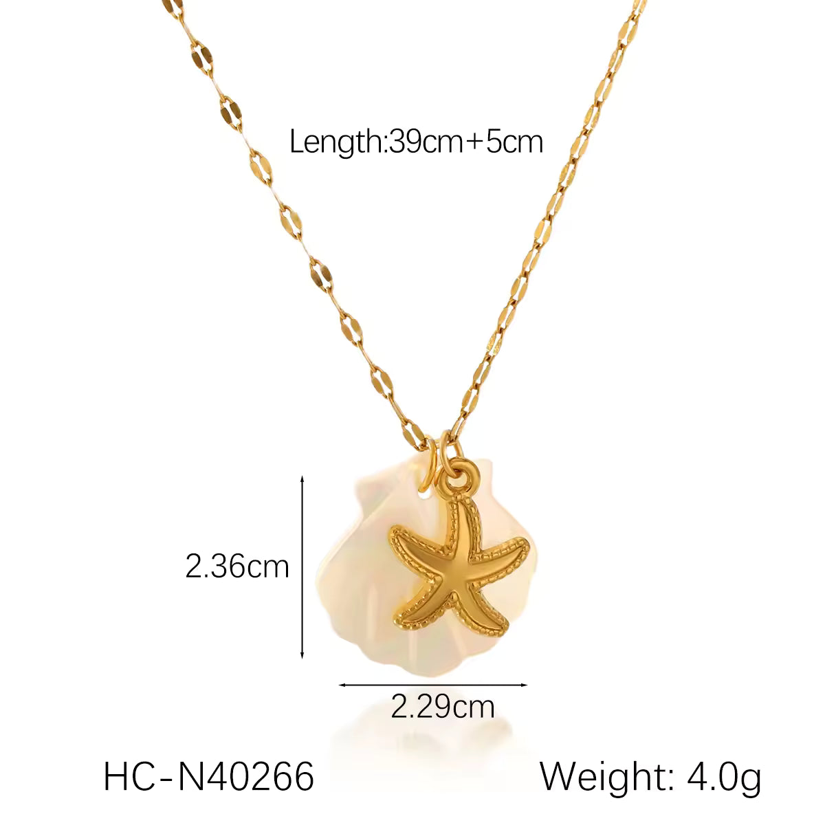 Gold necklace with a starfish pendant, showing measurements and product code on a white background.