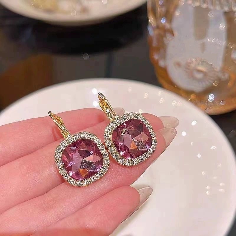 Gold Plated Cushion Cut Crystal Drop Earrings for Women | Pink Stone with Halo CZ Setting | Elegant Party & Occasion Wear Jewellery