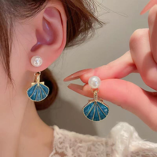 Astria Jewellery Blue Shell Pearl Drop Earrings for Women | Gold Plated Ocean-Inspired Enamel Earrings | Cute Aesthetic Beach Style Jewellery