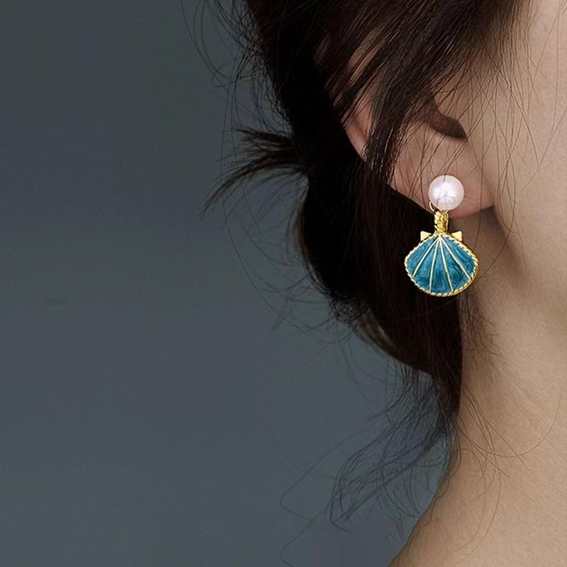Astria Jewellery Blue Shell Pearl Drop Earrings for Women | Gold Plated Ocean-Inspired Enamel Earrings | Cute Aesthetic Beach Style Jewellery