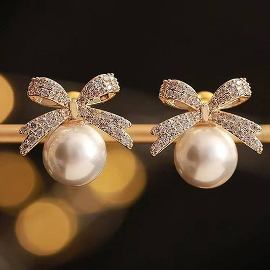 Astria Jewellery Luxury Crystal Bow Pearl Drop Earrings for Women | Gold Plated Designer Statement Earrings | Elegant Party & Wedding Wear Jewellery