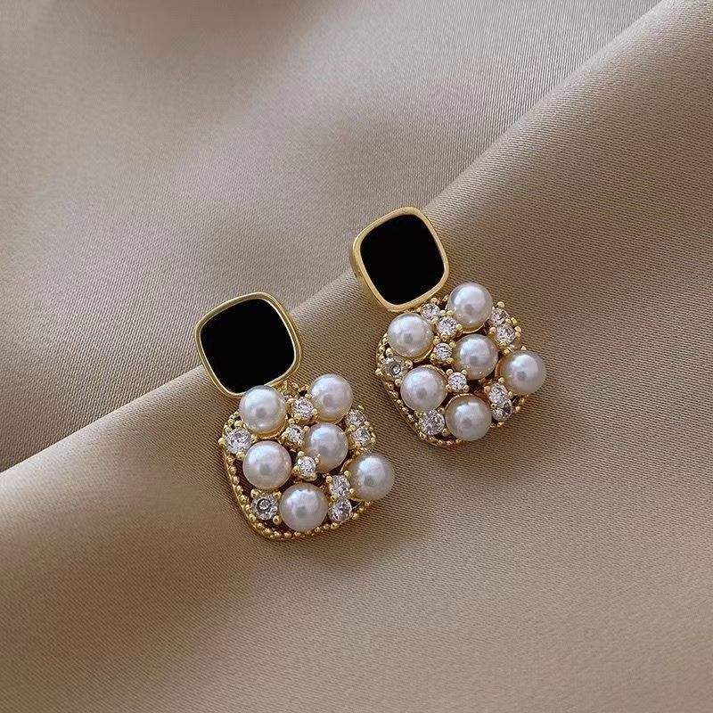 Astria Jewellery Black & Pearl Statement Drop Earrings for Women | Gold Plated Crystal Stud Earrings | Elegant Party Wear & Luxury Fashion Jewellery