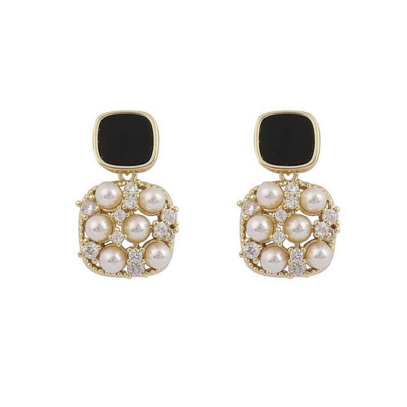 Astria Jewellery Black & Pearl Statement Drop Earrings for Women | Gold Plated Crystal Stud Earrings | Elegant Party Wear & Luxury Fashion Jewellery