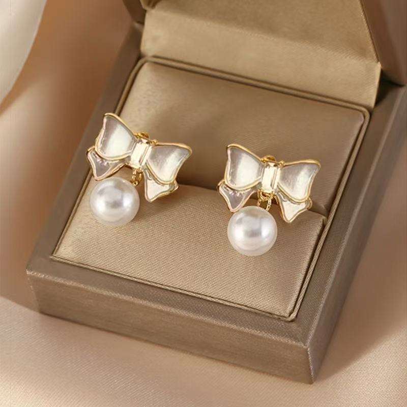 Astria Jewellery Bow Pearl Drop Earrings for Women | Gold Plated Cute Bow Stud with Pearl | Minimal Elegant Earrings for Girls & Daily Wear
