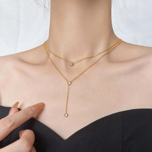 Gold Plated Layered Solitaire  Necklace