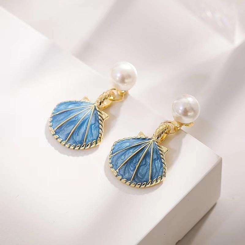 Astria Jewellery Blue Shell Pearl Drop Earrings for Women | Gold Plated Ocean-Inspired Enamel Earrings | Cute Aesthetic Beach Style Jewellery