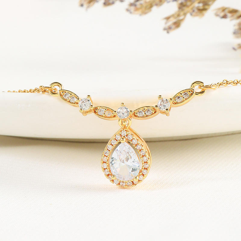 Astria Jewellery Gold-Plated Teardrop Crystal Pendant Necklace for Women | Pear-Cut Sparkling Pendant