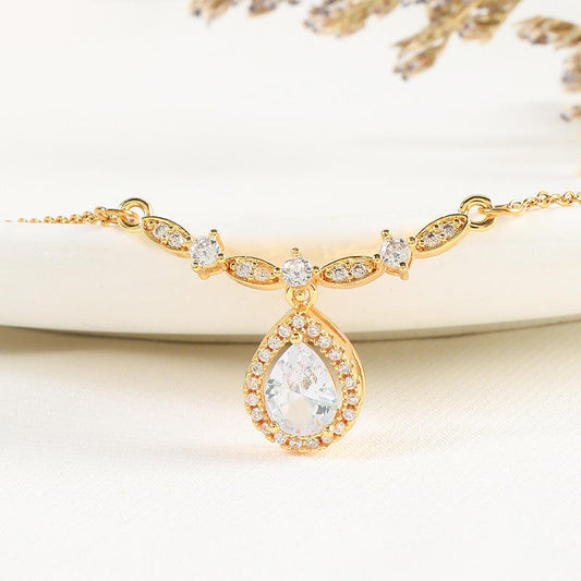 Astria Jewellery Gold-Plated Teardrop Crystal Pendant Necklace for Women | Pear-Cut Sparkling Pendant