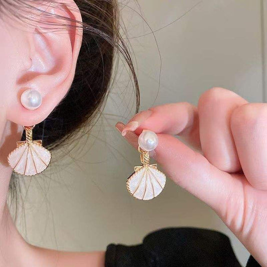 Astria Jewellery Pink Shell Pearl Drop Earrings for Women | Gold Plated Ocean-Inspired Enamel Earrings | Cute Aesthetic Beach Style Jewellery