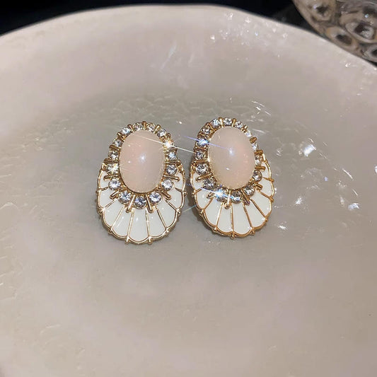 Astria Jewellery Elegant Oval Stud Earrings for Women | Gold Plated White Enamel & Crystal Earrings | Minimal Luxury Party & Daily Wear Jewellery
