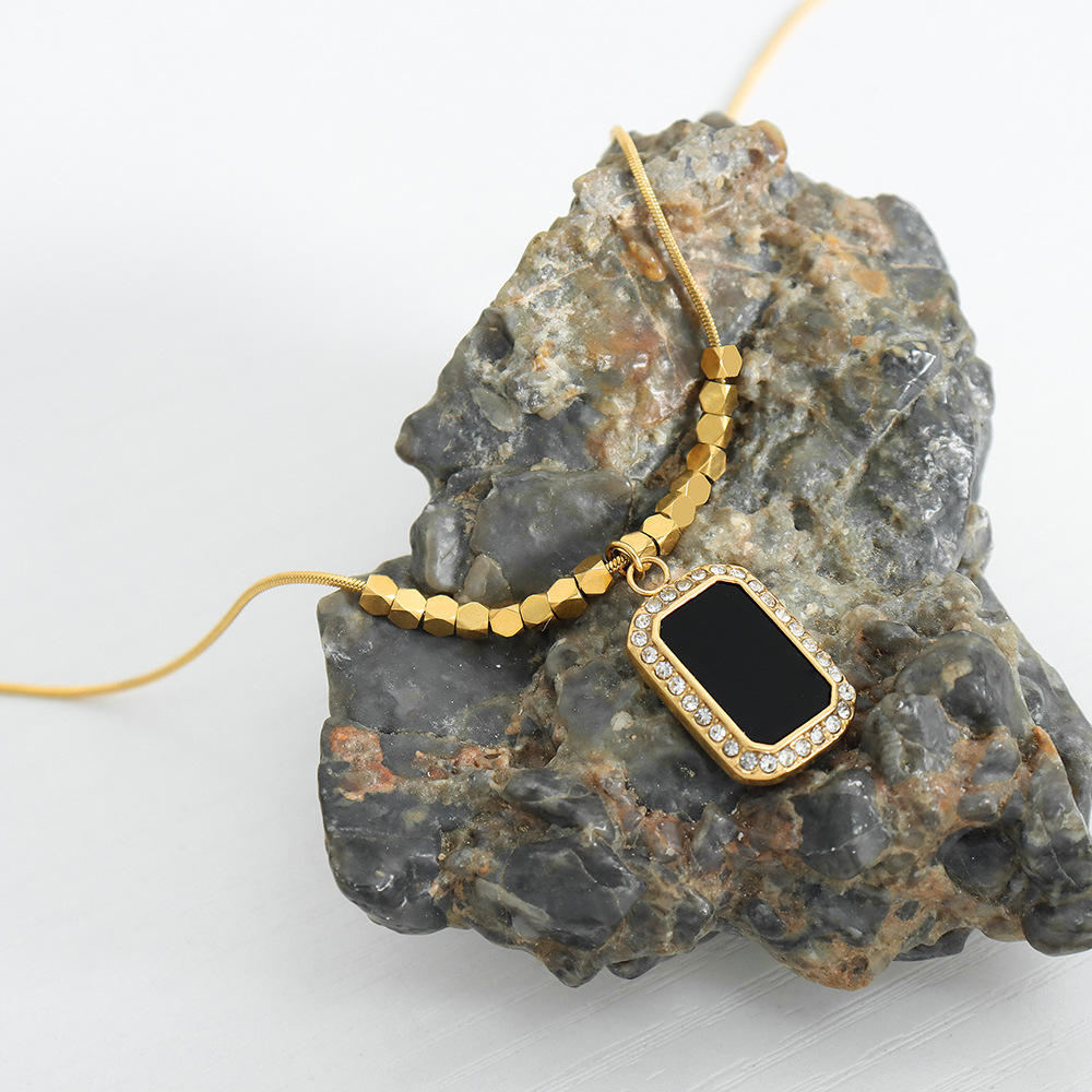 Astria Jewellery Black Stone Pendant Necklace for Women – Gold Plated Rectangle Pendant with Crystal Border | Elegant Daily Wear Necklace