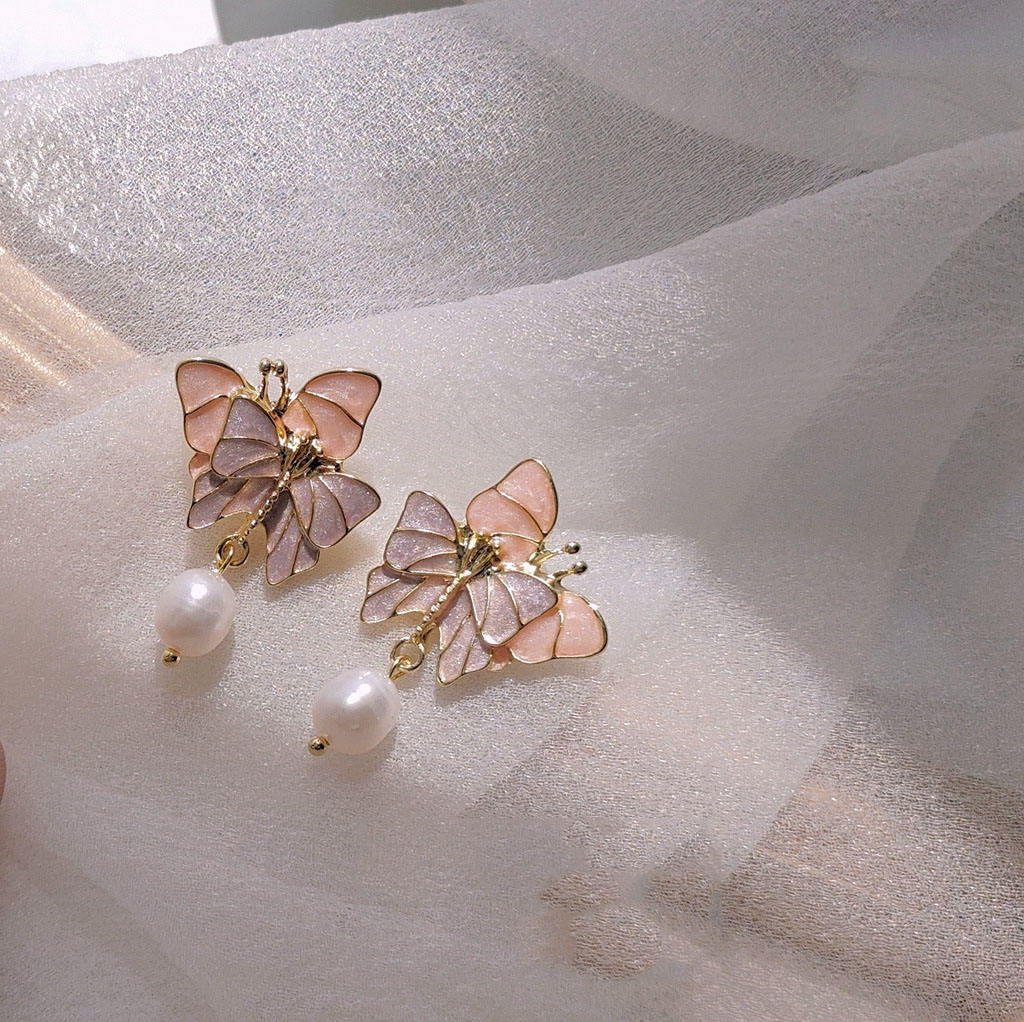 Gold Plated Butterfly Pearl Drop Earrings for Women