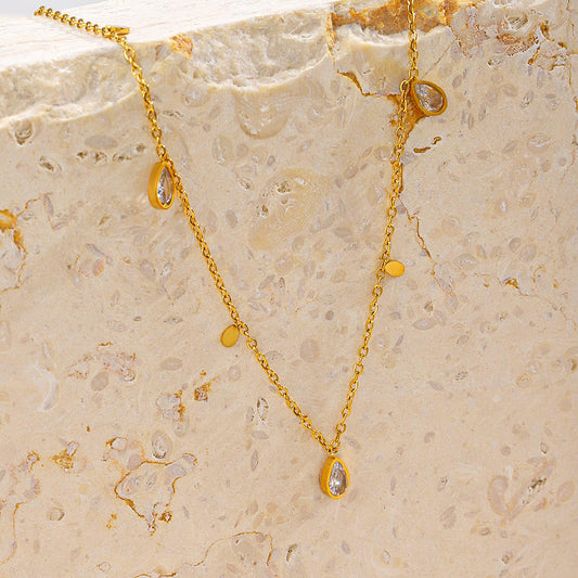 Astria Jewellery Gold-Plated Teardrop CZ Station Necklace for Women | Minimal Crystal Drop Chain Necklace |