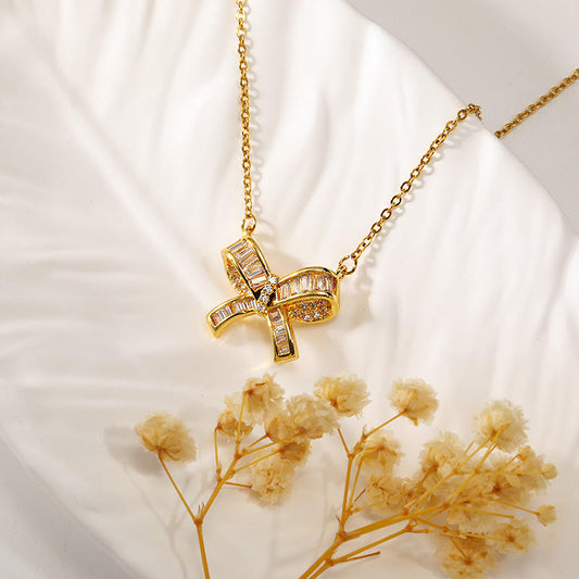 Astria Jewellery Gold Plated Crystal Cross Pendant Necklace for Women | Elegant Ribbon Design