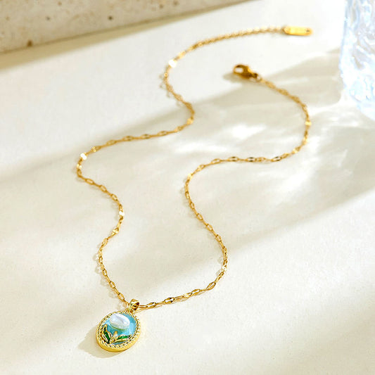Gold Plated Oval Pearl Pendant Necklace