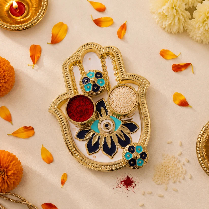 Hand Shaped Kankavati Elegant Puja Storage with Enamel Work Astria Jewellery
