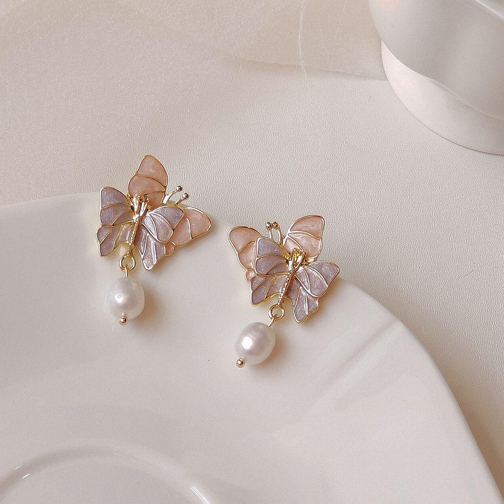Gold Plated Butterfly Pearl Drop Earrings for Women