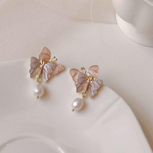 Gold Plated Butterfly Pearl Drop Earrings for Women