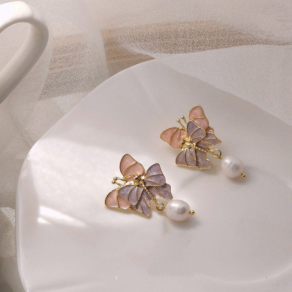 Gold Plated Butterfly Pearl Drop Earrings for Women