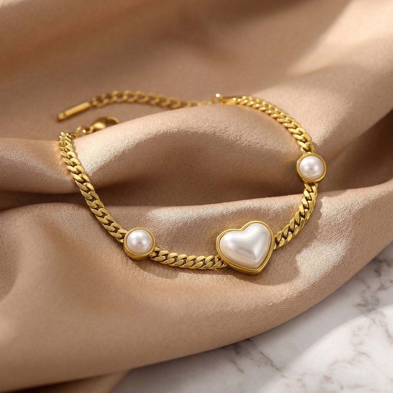 Elegant Heart Pearl Link Bracelet Astria Jewellery