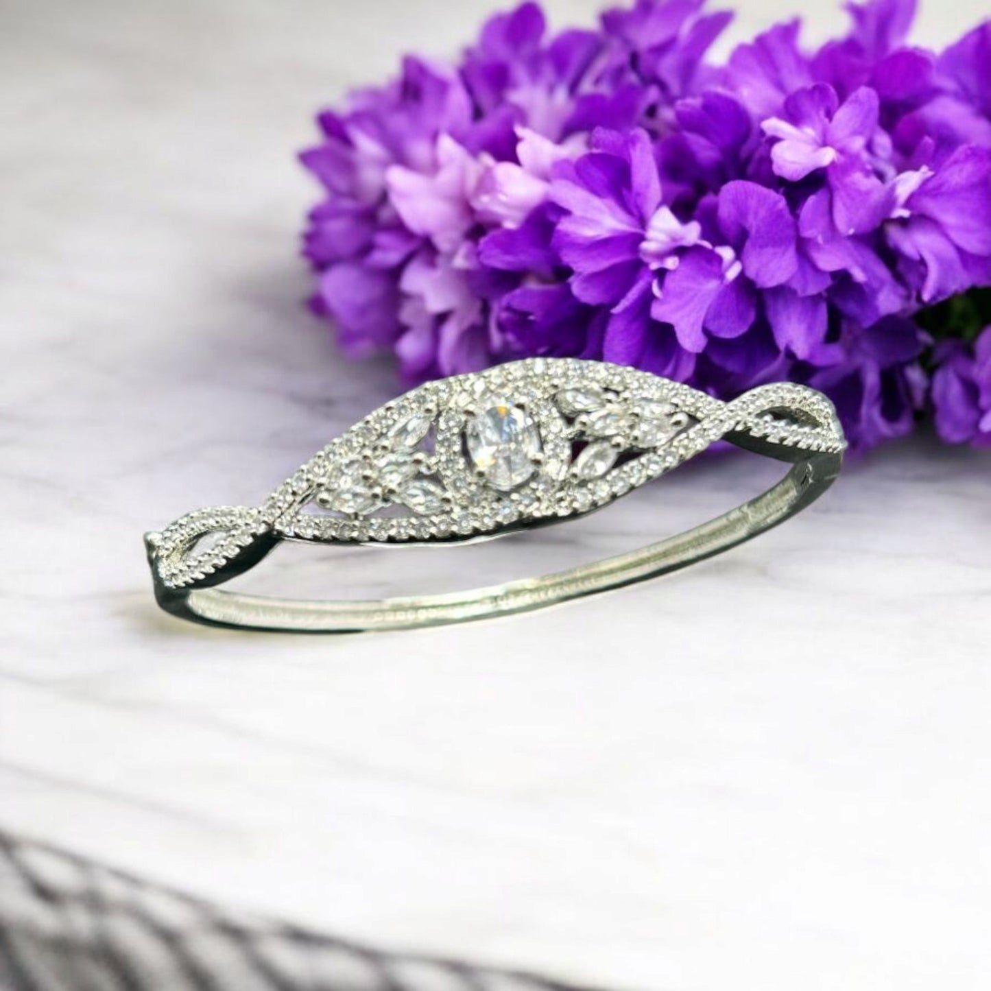 Astria Jewellery Silver Plated Vintage Zircon Cuff Bracelet for Women | Elegant Floral Filigree Design Bangle | Luxury Party Wear Jewellery