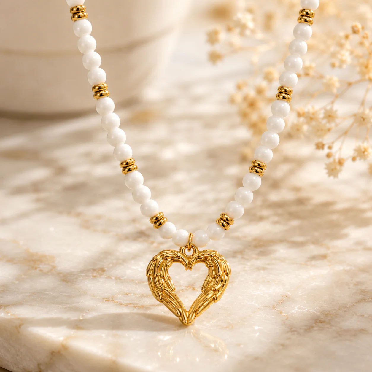 White Beaded Heart Pendant Necklace for Women | Gold Heart Charm Necklace | Minimalist Layered Bead Necklace