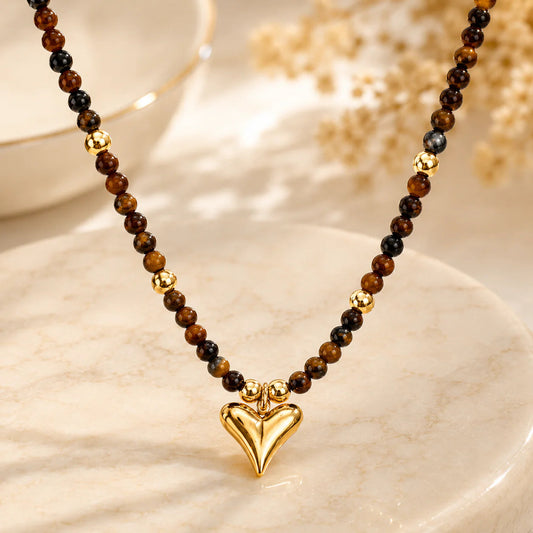 Tiger Eye Beaded Heart Pendant Necklace for Women | Natural Stone Gold Heart Necklace | Premium Bead Chain Astria Jewellery