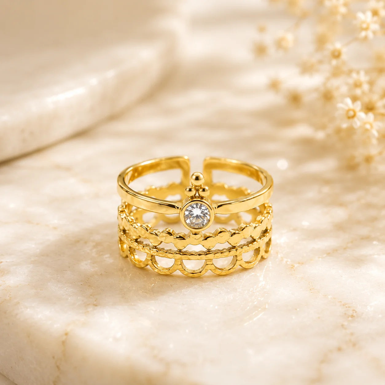 Gold Adjustable Stack Ring  for Women | Crystal Open Ring | Layered Minimalist Ring | Stackable Fashion Ring