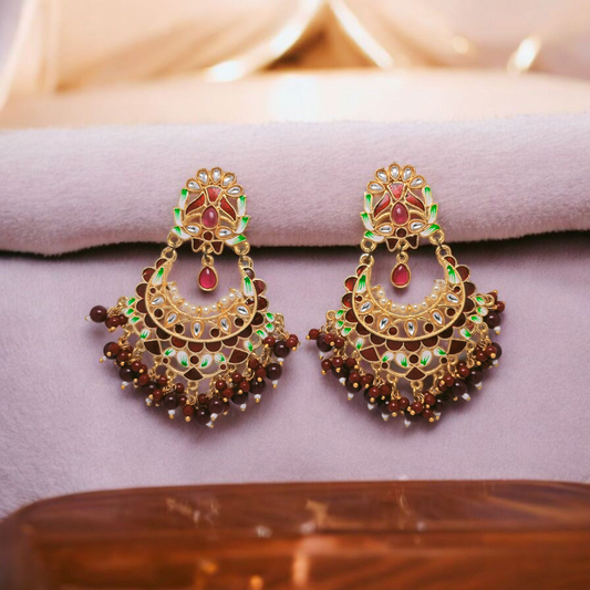 Astria Jewellery Kundan Meenakari Chandbali Earrings for Women | Gold Plated Red & Green Ethnic Dangle Earrings with Beads | Bridal & Festive Jewellery